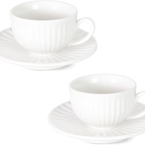 2 oz White Espresso Cups Set of 2, Ceramic Cappuccino Cups with Saucers, Durable Porcelain Tea Set & Modern Coffee Cup Collection, Coffee Lover Gifts
