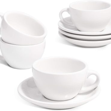 Cappuccino Cups with Saucers 6 oz, Set of 4 Ceramic Coffee Cup and Saucer Set for Latte, Au Lait, Flat White, Mocha, Tea, Embossed Coffee Cups, White