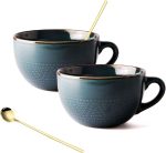 700 ML Large Ceramic Coffee Mug 2 Set with Coaster and Spoon，Grain Soup Cup/Coffee Mug/Salad Bowl for Coffee, Tea, Ice Cream, Cereal (Dark green 2 set)