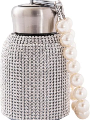 Bling Insulated Water Bottle Double Wall Stainless Steel Vacuum Flask with Glitter Rhinestones Diamond 10 oz Keep Cold Water Bottle with Pearls Bracelet Handle (Silver Diamond)