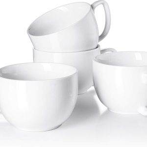 16oz Large Coffee Mugs Set of 4 - Thick White Porcelain Cups for Cappuccino, Latte, Tea & Hot Chocolate - Dishwasher Safe Ceramic with Comfort Grip Handles