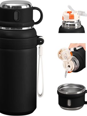 800ml 3-in-1 Double wall vacuum Leakproof stainless steel wide mouth insulated water bottle; tea tumbler with straw,cup,lid and lifting rope; travel coffee thermoses hot drinks; cold thermal flask