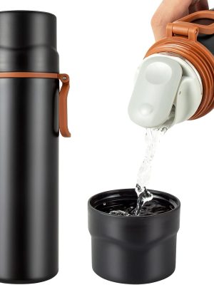 Insulated Water Bottle-Stainless Steel Vacuum Coffee Cup with Handle,Flask Double Walled Sport Travel Mug with Leakproof Lid,Keep Hot & Cold 12 Hours BPA Free 15oz(Black)