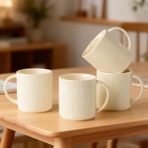 Ceramic Coffee Mugs Set of 4, 14.2oz Handmade Coffee Cups with Handle for Latte, Tea, Milk, Beer, Hot Cocoa, Beige