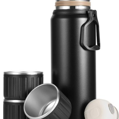 750ml/27 OZ Coffee Thermo with 3 cups, Insulated Water Bottle, Stainless Steel Vacuum Flask Set for Hot and Cold Drinks, Gifts Box
