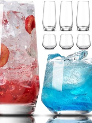Drinking Glasses Set of 8-4 Tall Glass Cups 18 oz & 4 Short Stemless Wine Glasses 13 oz, Highball Glasses, Glassware Sets for Cocktail, Beer, Wine, Whiskey, Water & Juice Drinkware