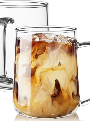Large Glass Coffee Mugs, 20 oz Glass Coffee Cups Set of 2, Clear Borosilicate Glass Mugs with Handles for Cappuccino, Tea, Latte, Hot/Cold Beverages, Wine, Americano