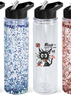 18oz 4 Pack Double Wall Clear Water Bottle Bulk Plastic Snow Globe Tumbler with Handle Lid, Acrylic Pre-Drilled Hole With Stopper Sippy Snow Globe Water Bottle for Scool Sport DIY Gift